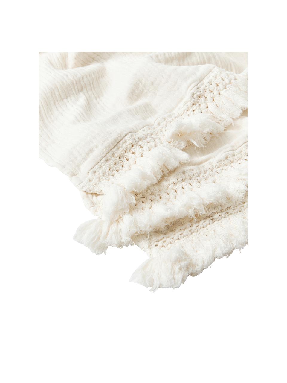 Plaid en coton avec franges Piera, 100 % coton, Blanc crème, larg. 140 x long. 180 cm
