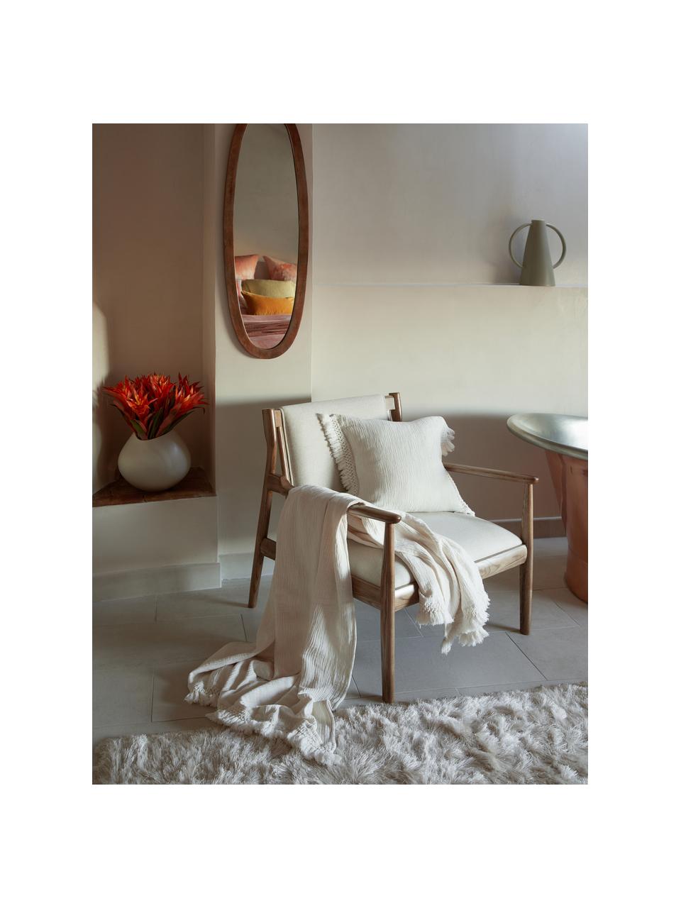 Plaid en coton avec franges Piera, 100 % coton, Blanc crème, larg. 140 x long. 180 cm