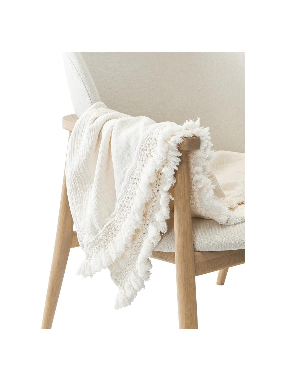 Katoenen plaid Piera met franjes, 100% katoen, Crèmewit, B 140 x L 180 cm
