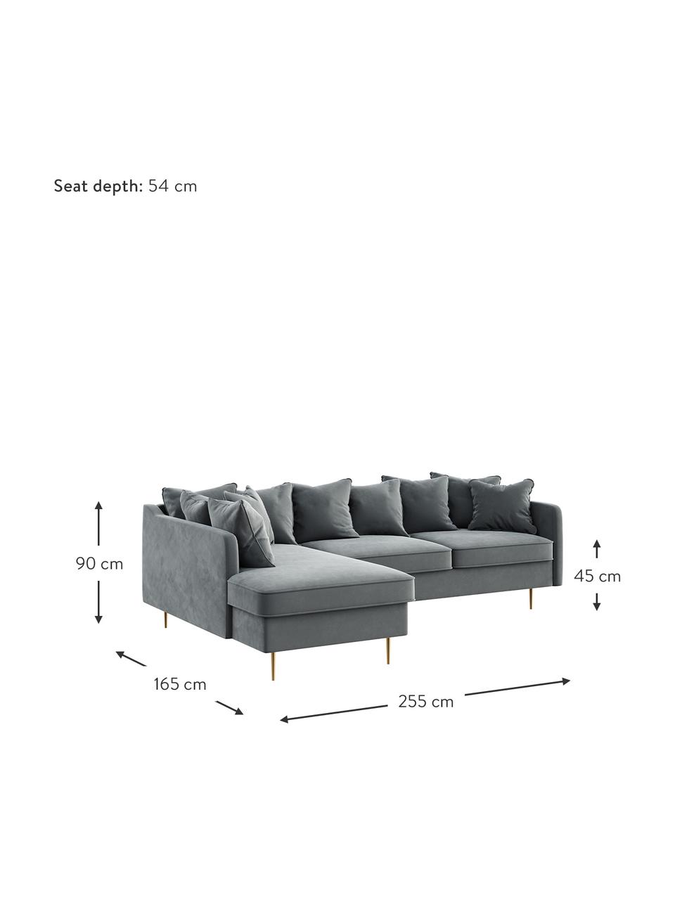 Sofa narożna z aksamitu Esme (4-osobowa), Tapicerka: 100% aksamit poliestrowy , Nogi: metal powlekany, Stalowoszary aksamit, S 255 x G 165 cm, lewostronna