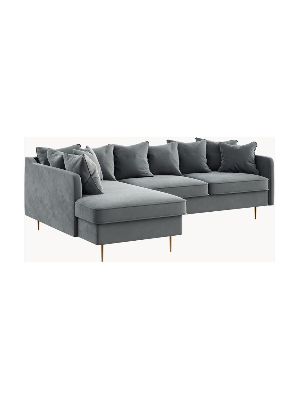 Sofá rinconera de terciopelo Esme (4 plazas), Tapizado: 100% terciopelo de poliés, Asiento: muelles ondulados, espuma, Estructura: madera dura, madera bland, Patas: metal recubierto, Terciopelo gris oscuro, An 255 x F 165 cm, chaise longue izquierda