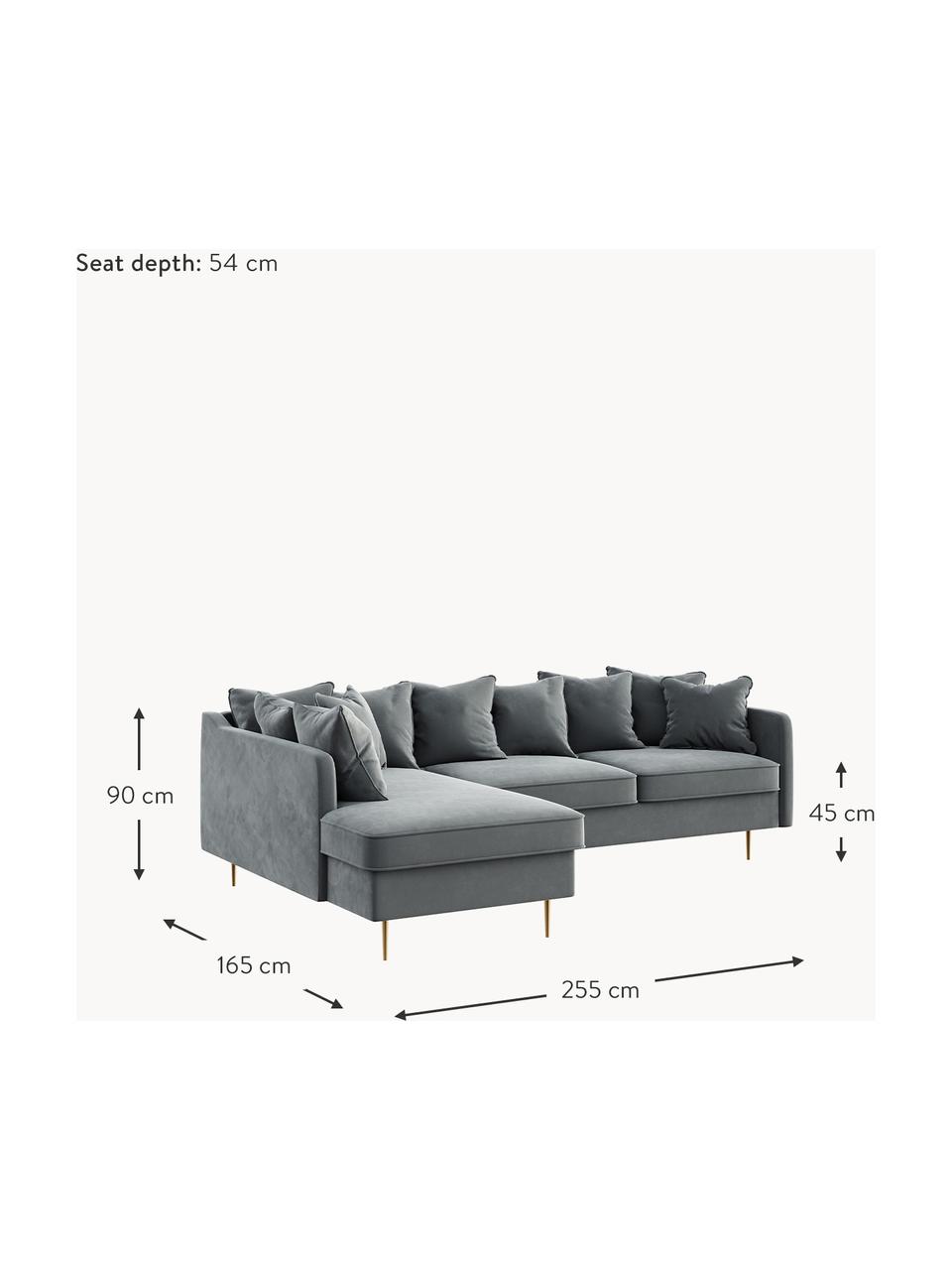 Sofá rinconera de terciopelo Esme (4 plazas), Tapizado: 100% terciopelo de poliés, Asiento: muelles ondulados, espuma, Estructura: madera dura, madera bland, Patas: metal recubierto, Terciopelo gris oscuro, An 255 x F 165 cm, chaise longue izquierda