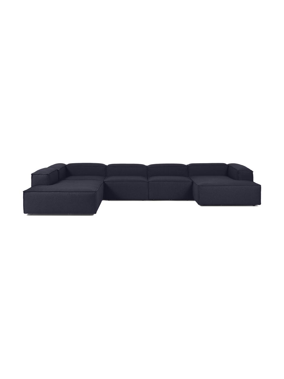 Sofa modułowa Lennon, Tapicerka: 100% poliester Dzięki tka, Stelaż: lite drewno, sklejka, Nogi: tworzywo sztuczne, Ciemnoniebieska tkanina, S 418 x W 68 cm, lewostronna