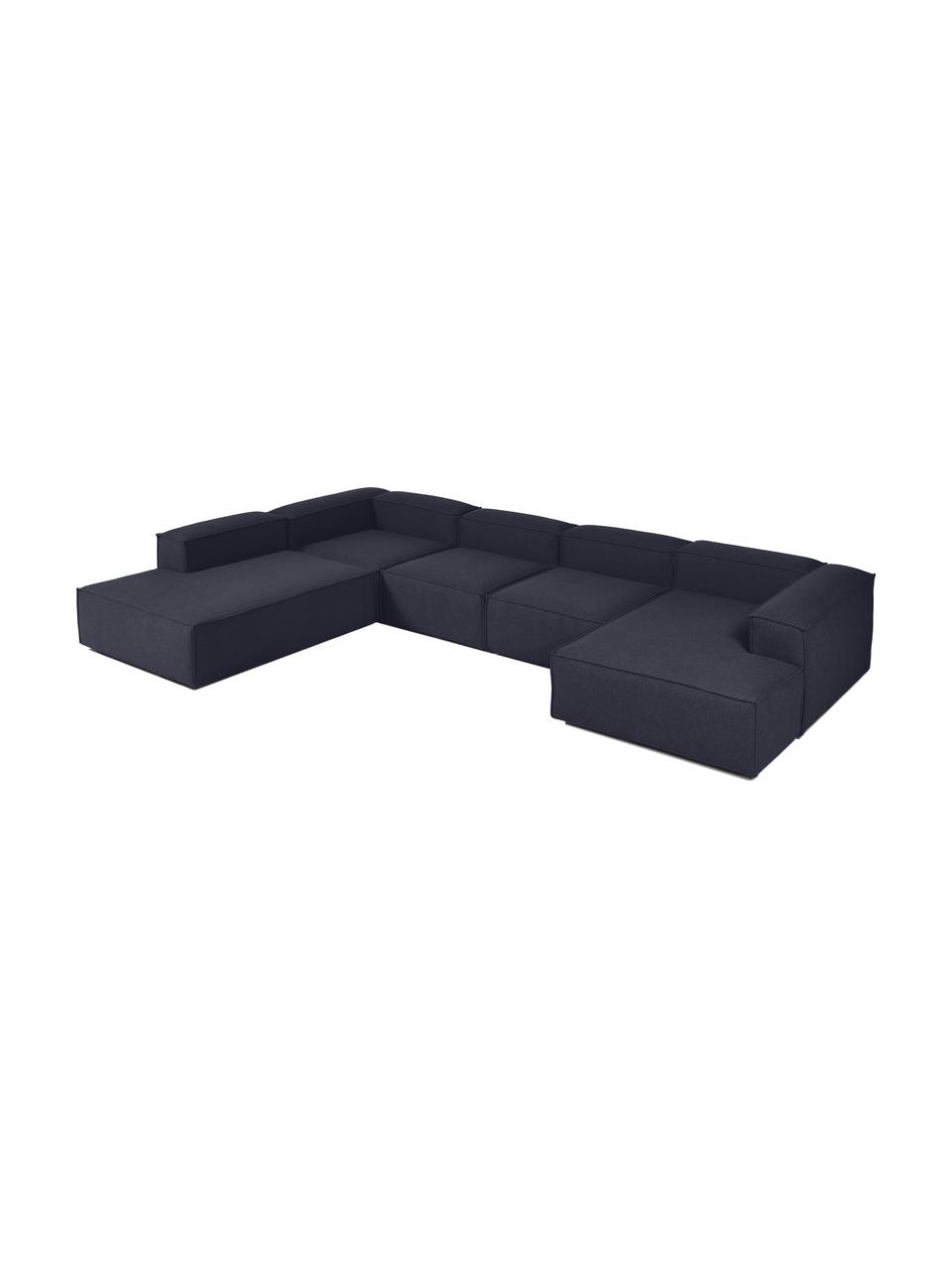 Divano angolare componibile Lennon, Rivestimento: 100% poliestere Con 115.0, Struttura: legno di pino massiccio, , Piedini: plastica, Tessuto blu scuro, Larg. 418 x Alt. 68 cm, chaise-longue a sinistra