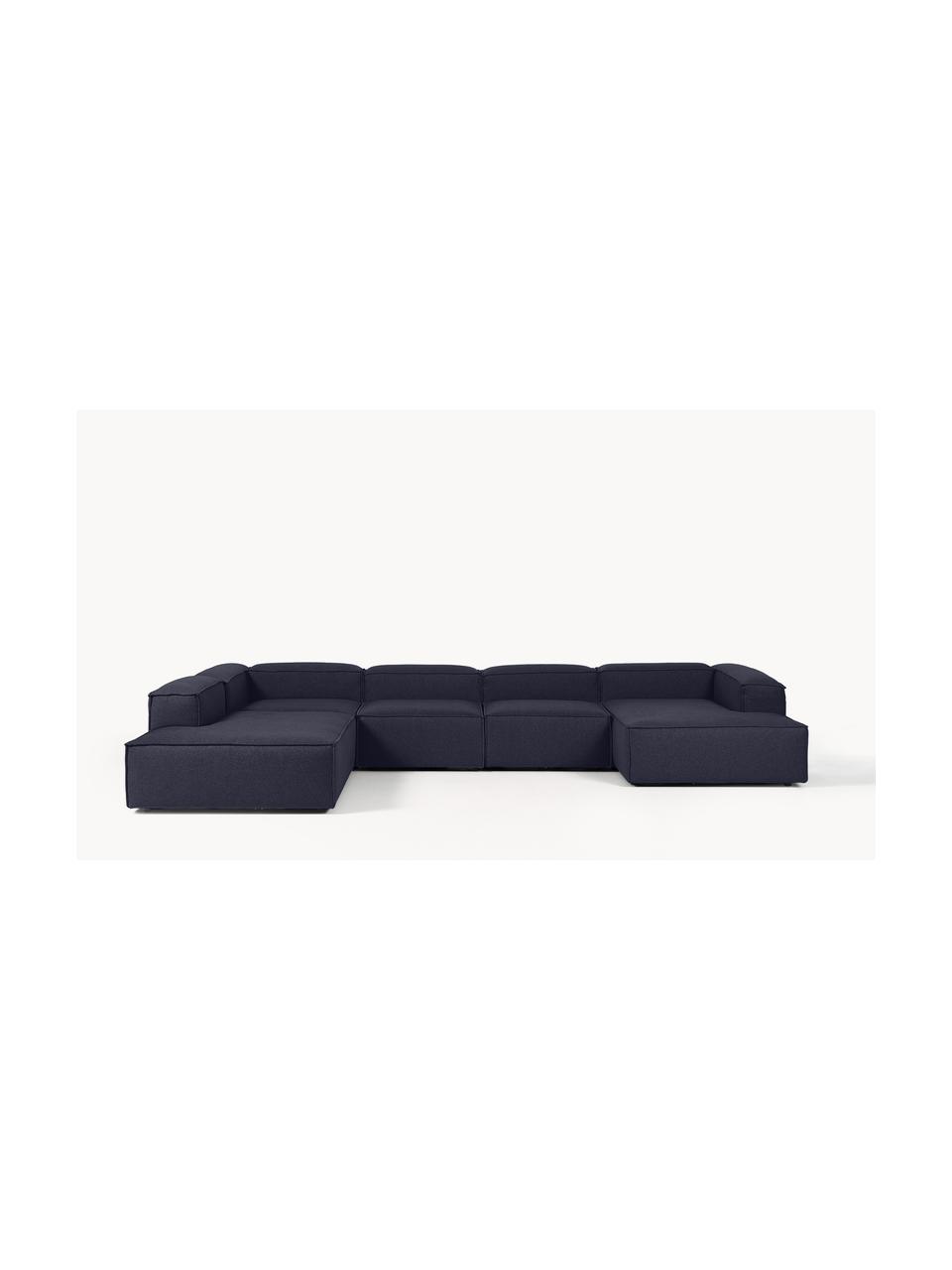 Canapé lounge modulable Lennon, Tissu bleu foncé, larg. 418 x prof. 269 cm, méridienne à gauche