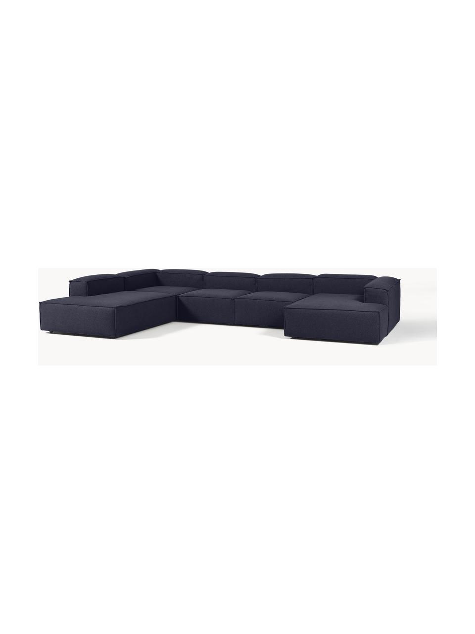 Canapé lounge modulable Lennon, Tissu bleu foncé, larg. 418 x prof. 269 cm, méridienne à gauche