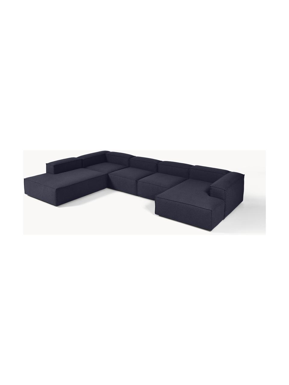 Canapé lounge modulable Lennon, Tissu bleu foncé, larg. 418 x prof. 269 cm, méridienne à gauche