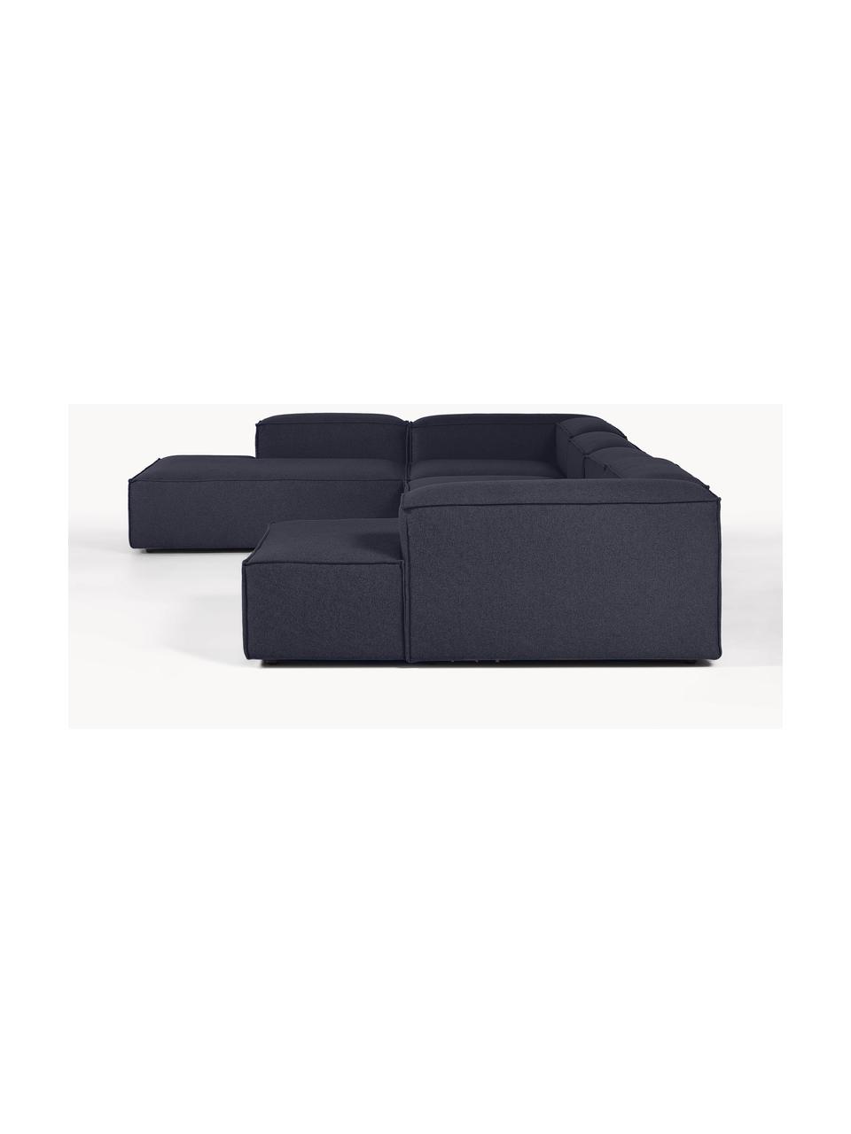 Canapé lounge modulable Lennon, Tissu bleu foncé, larg. 418 x prof. 269 cm, méridienne à gauche