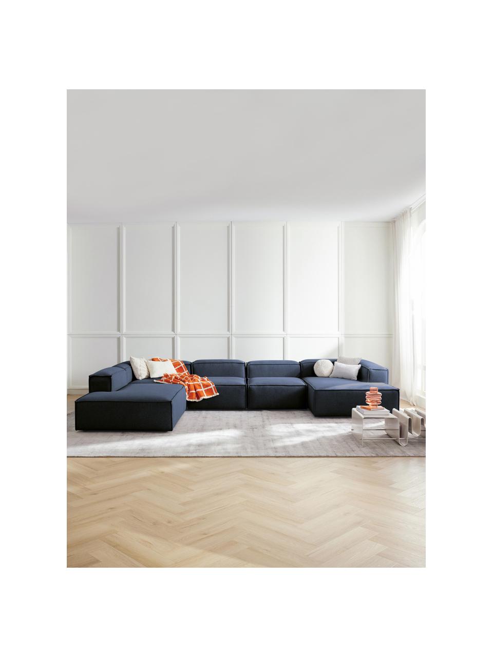 Canapé lounge modulable Lennon, Tissu bleu foncé, larg. 418 x prof. 269 cm, méridienne à droite