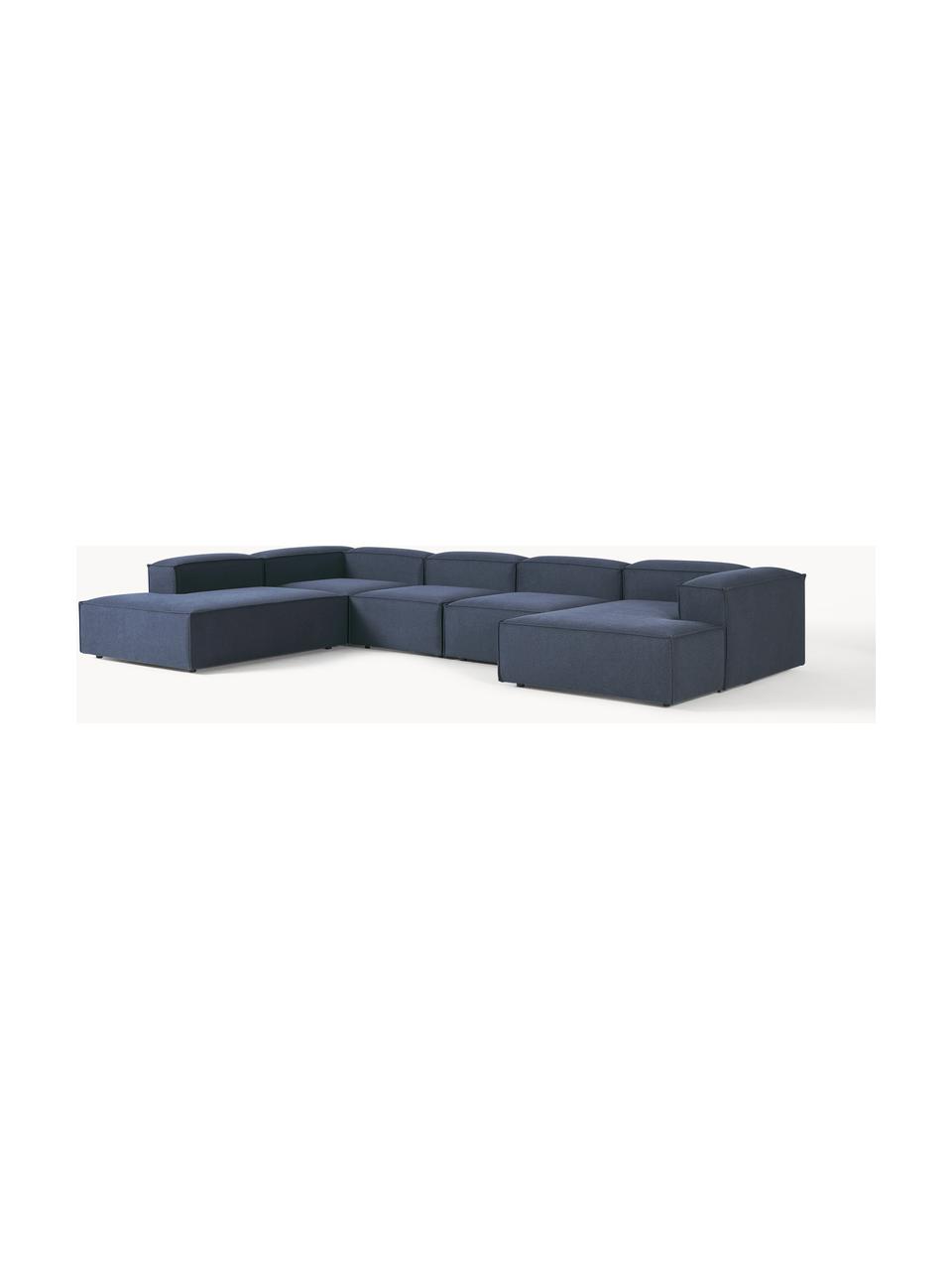 Sofa modułowa Lennon, Tapicerka: 100% poliester Dzięki tka, Stelaż: lite drewno sosnowe, skle, Nogi: tworzywo sztuczne Ten pro, Ciemnoniebieska tkanina, S 418 x G 269 cm,  lewostronna