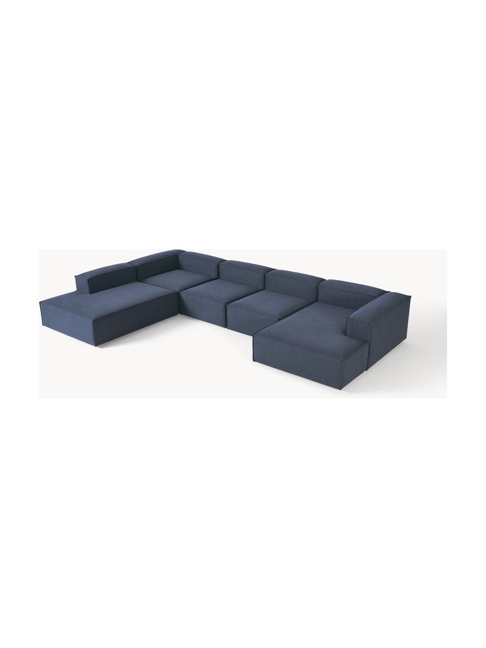 Sofa modułowa Lennon, Tapicerka: 100% poliester Dzięki tka, Stelaż: lite drewno sosnowe, skle, Nogi: tworzywo sztuczne Ten pro, Ciemnoniebieska tkanina, S 418 x G 269 cm,  lewostronna