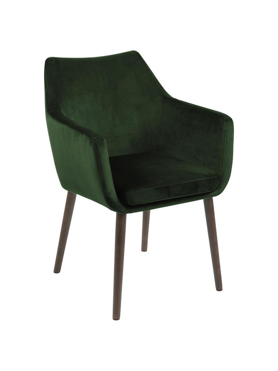 Sedia in velluto con braccioli e gambe in legno Nora, Rivestimento: velluto di poliestere Il , Gambe: legno di quercia vernicia, Velluto verde bosco, legno di quercia scuro, Larg. 58 x Prof. 58 cm