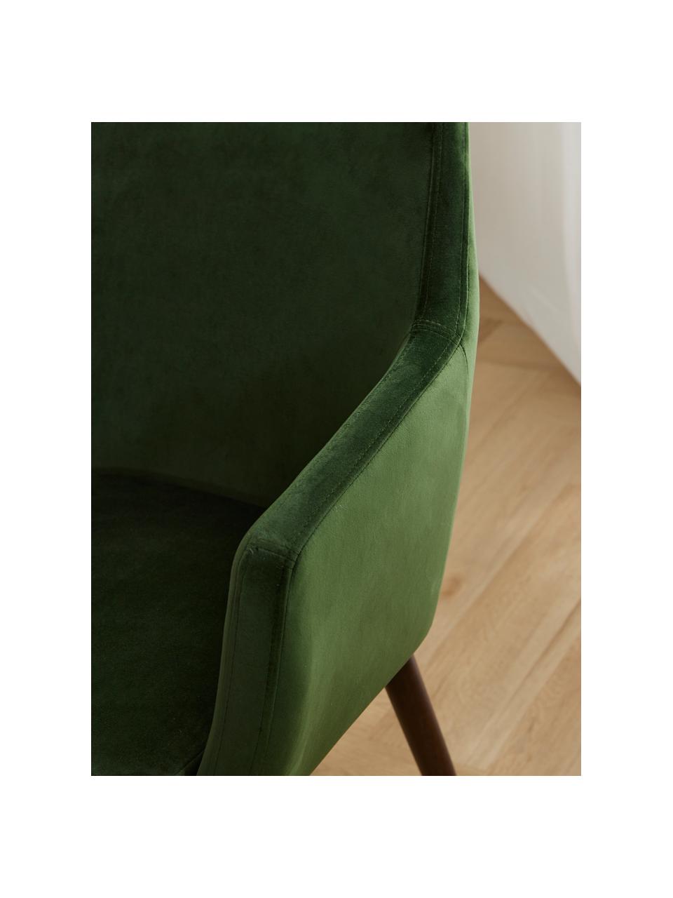 Silla con reposabrazos de terciopelo Nora, Tapizado: terciopelo de poliéster A, Patas: madera de roble curtida, Terciopelo verde profundo, madera de roble oscura, An 58 x Al 84 cm