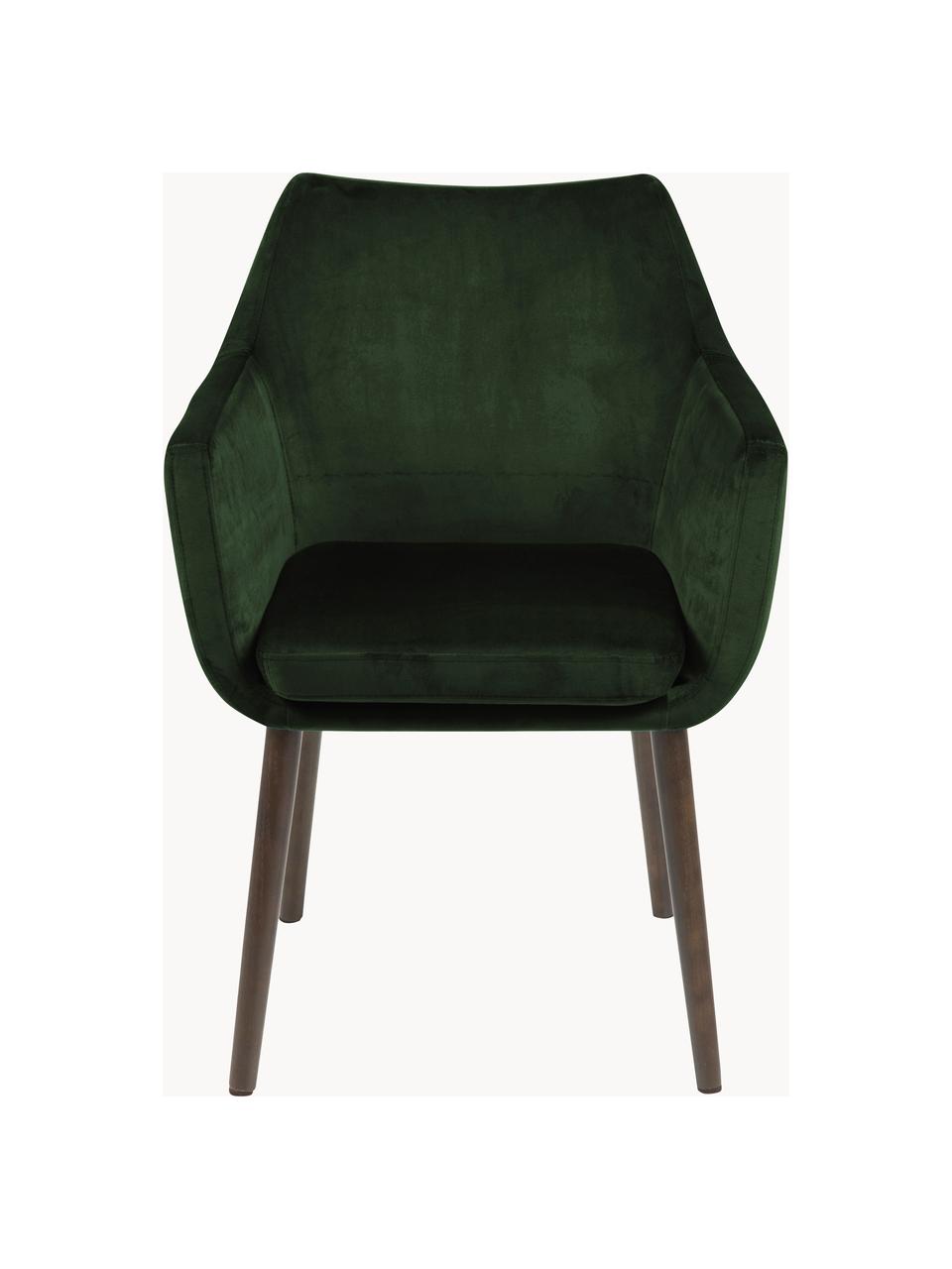 Silla con reposabrazos de terciopelo Nora, Tapizado: terciopelo de poliéster A, Patas: madera de roble curtida, Terciopelo verde profundo, madera de roble oscura, An 58 x F 58 cm