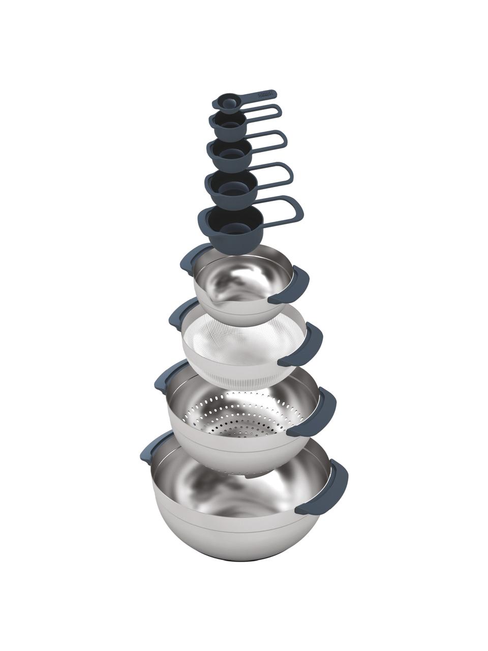 Set ciotole con misurini Nest Plus 9 pz, Acciaio inossidabile spazzolato, polipropilene, Argentato, blu scuro, Set in varie misure
