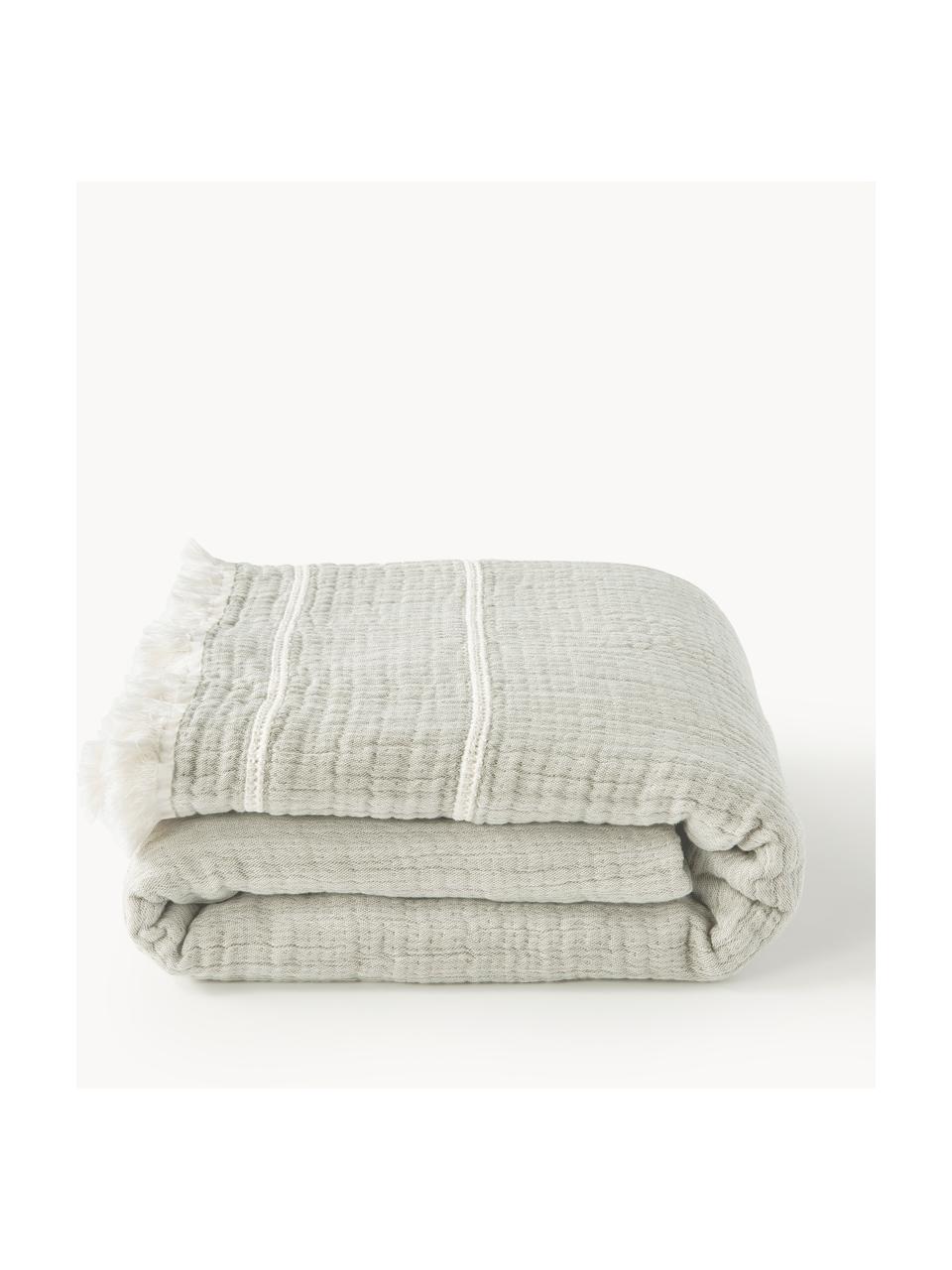 Couvre-lit en coton à franges Kailani, Vert sauge, larg. 180 x long. 250 cm