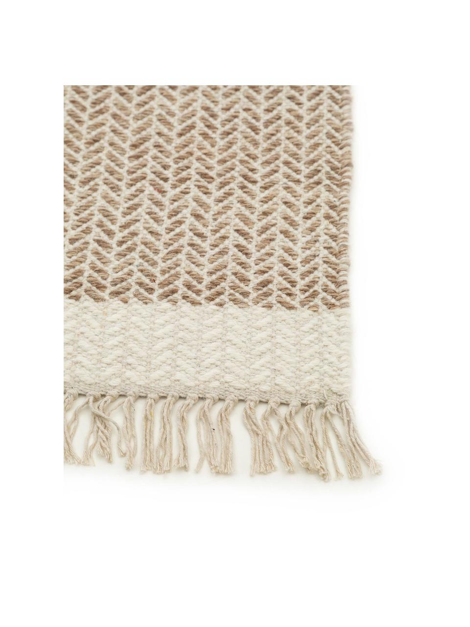 Tappeto in lana tessuto a mano con frange Kim, 80% lana, 20% cotone

Nel caso dei tappeti di lana, le fibre possono staccarsi nelle prime settimane di utilizzo, questo si riduce con l'uso quotidiano e la formazione di lanugine diminuisce, Beige, bianco crema, Larg. 80 x Lung. 120 cm (taglia XS)