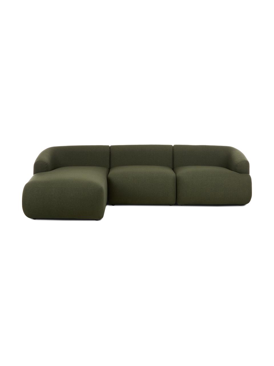 Modulares Ecksofa Sofia in Grün, Bezug: 100% Polypropylen Der hoc, Gestell: Massives Kiefernholz, Spa, Füße: Kunststoff, Webstoff Grün, B 278 x T 174 cm, Eckteil links