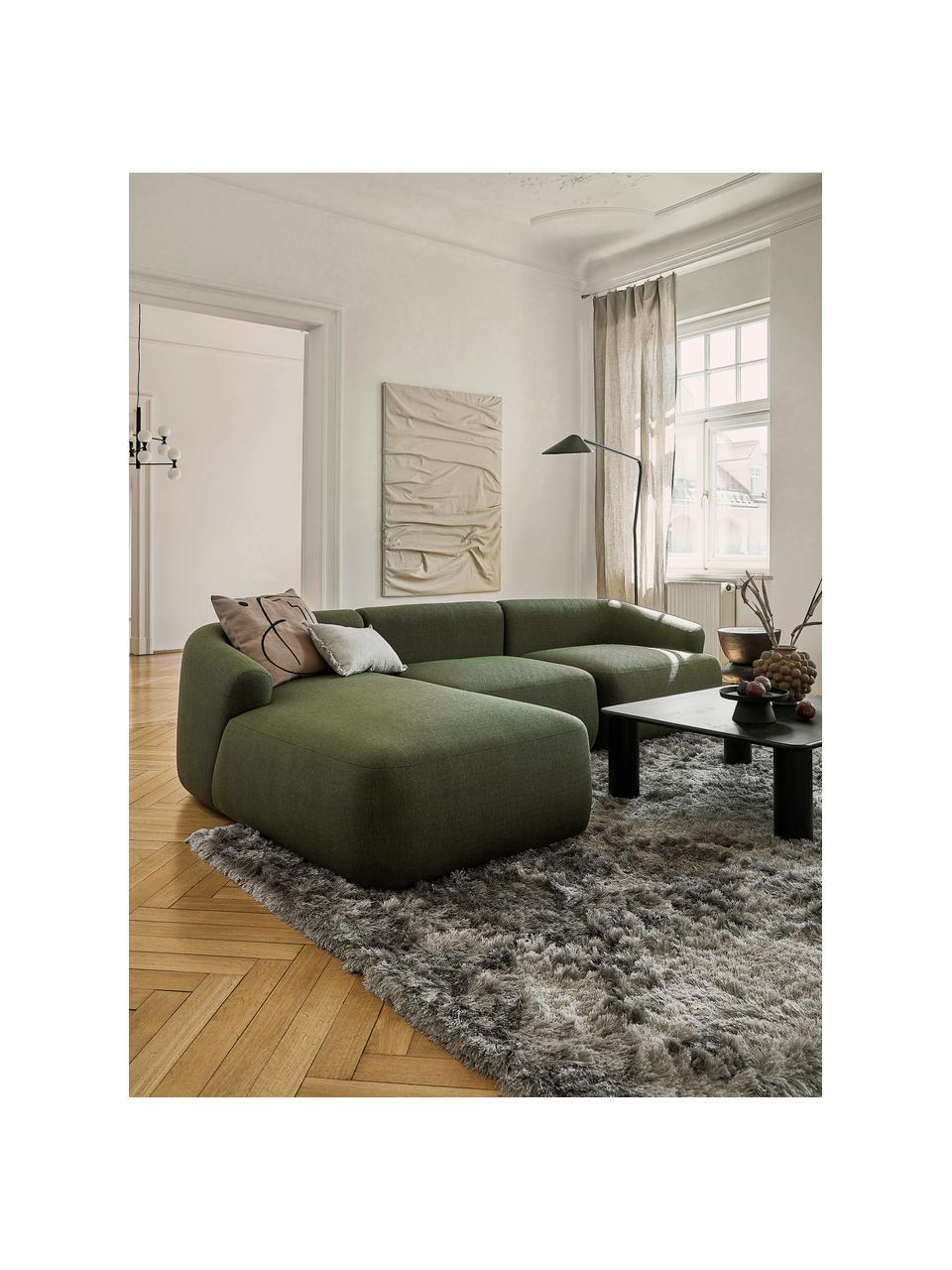 Divano angolare componibile in tessuto verde Sofia, Rivestimento: 100% polipropilene Con 23, Struttura: legno di pino massiccio, , Piedini: plastica, Tessuto verde, Larg. 278 x Prof. 174 cm, chaise-longue a sinistra