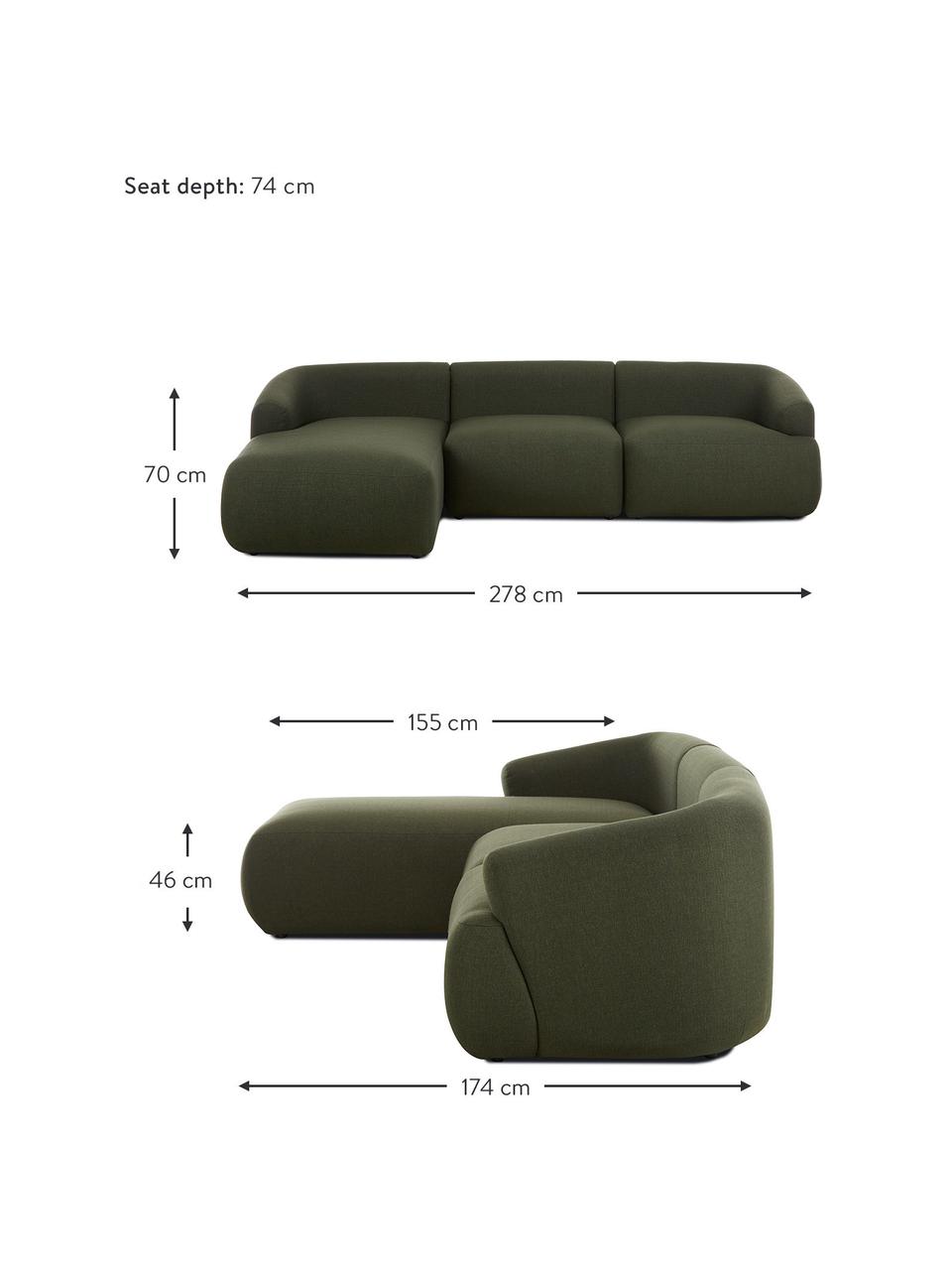 Divano angolare componibile in tessuto verde Sofia, Rivestimento: 100% polipropilene Con 23, Struttura: legno di pino massiccio, , Piedini: plastica, Tessuto verde, Larg. 278 x Prof. 174 cm, chaise-longue a sinistra