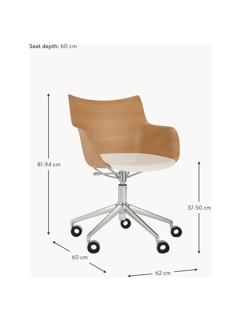 Schreibtischstuhl Q/Wood mit Armlehne, höhenverstellbar, Sitzschale: Holz, Kunststoff, Gestell: Stahl, verchromt, Rollen: Kunststoff, Holz, Weiß, B 62 x T 60 cm