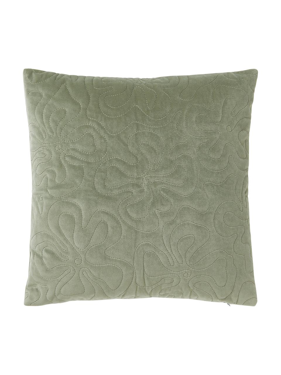 Samt-Kissenhülle Hera mit dekorativer Verzierung, 100 % recyceltes Polyester, Salbeigrün, B 45 x L 45 cm