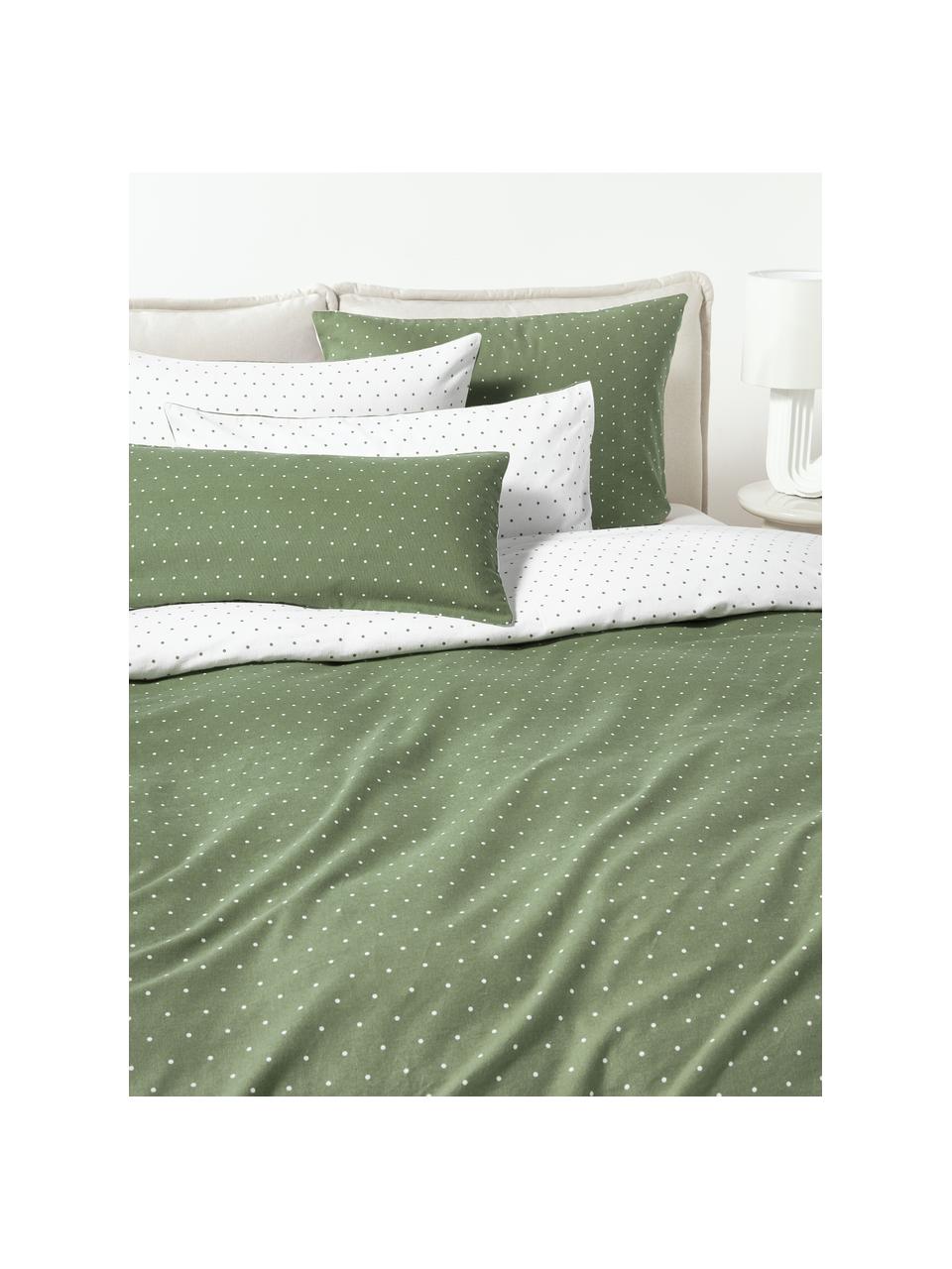 Housse de couette en flanelle réversible Betty, Vert olive, blanc, larg. 140 x long. 200 cm