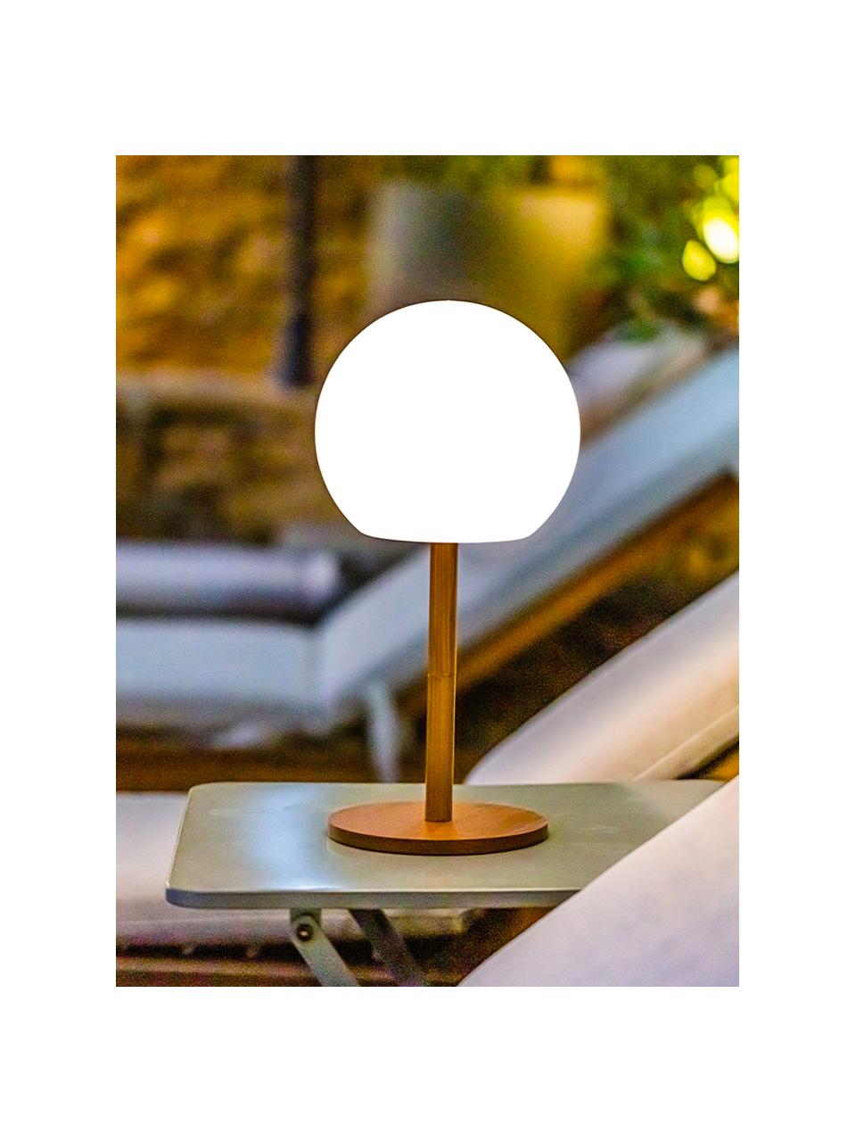 Lampada da tavolo da esterno mobile a LED dimmerabile con base in bambù Luny, Paralume: polietilene, Base della lampada: legno di bambù, Bianco, marrone chiaro, Ø 13 x Alt. 28 cm