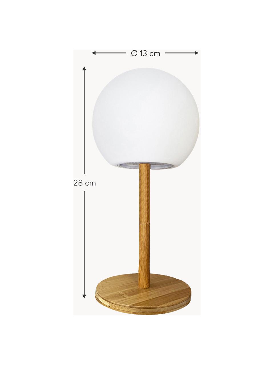 Lampada da tavolo da esterno mobile a LED dimmerabile con base in bambù Luny, Paralume: polietilene, Base della lampada: legno di bambù, Bianco, marrone chiaro, Ø 13 x Alt. 28 cm
