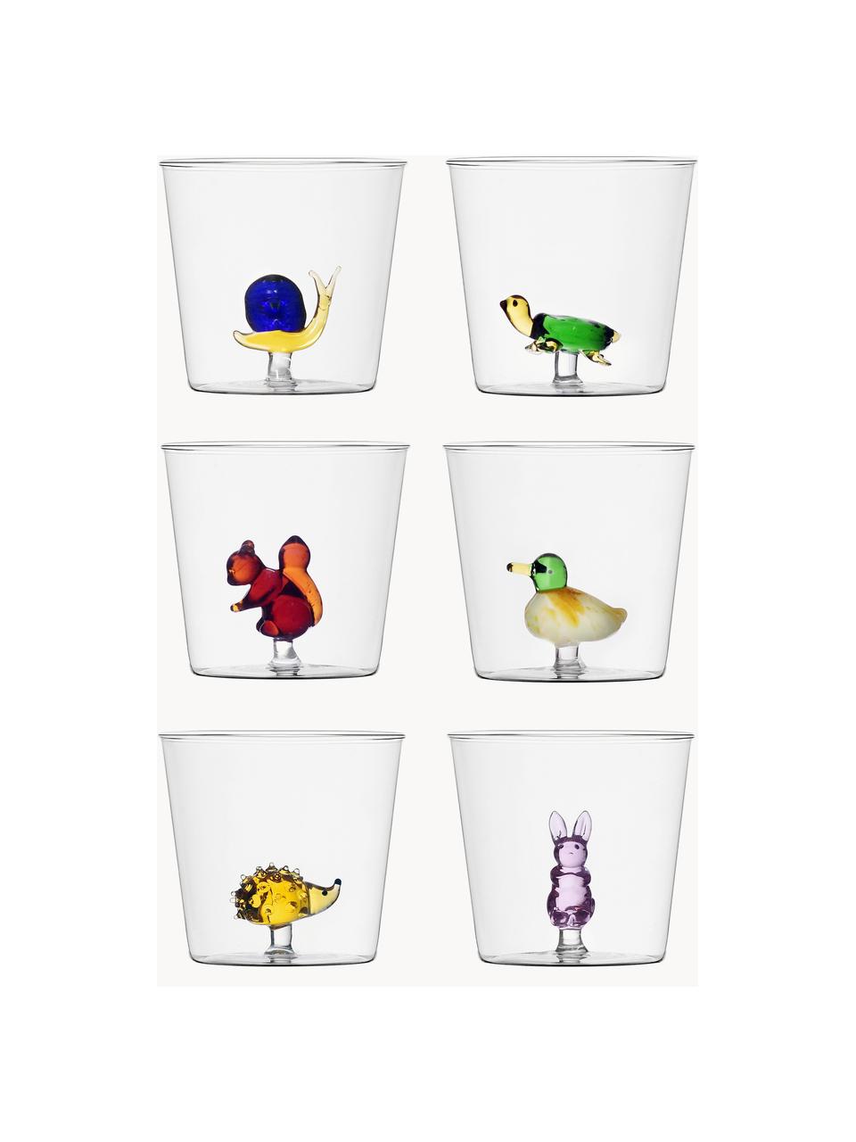 Set di 6 bicchieri per acqua fatti a mano Animal Farm, Vetro borosilicato, Trasparente, multicolore, Ø 9 x Alt. 8 cm, 350 ml