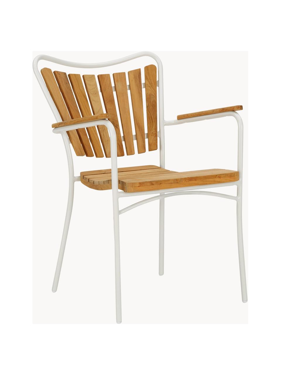 Krzesło ogrodowe z drewna z podłokietnikami Ellen, Stelaż: aluminium malowane proszk, Drewno tekowe, biały, S 56 x W 78 cm