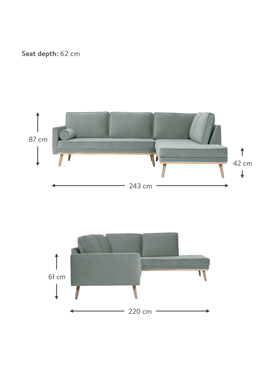 Fluwelen hoekbank Saint (3-zits) met eikenhouten poten, Bekleding: fluweel (polyester) De sl, Frame: massief eikenhout, spaanp, Saliekleurig, B 243 x D 220 cm