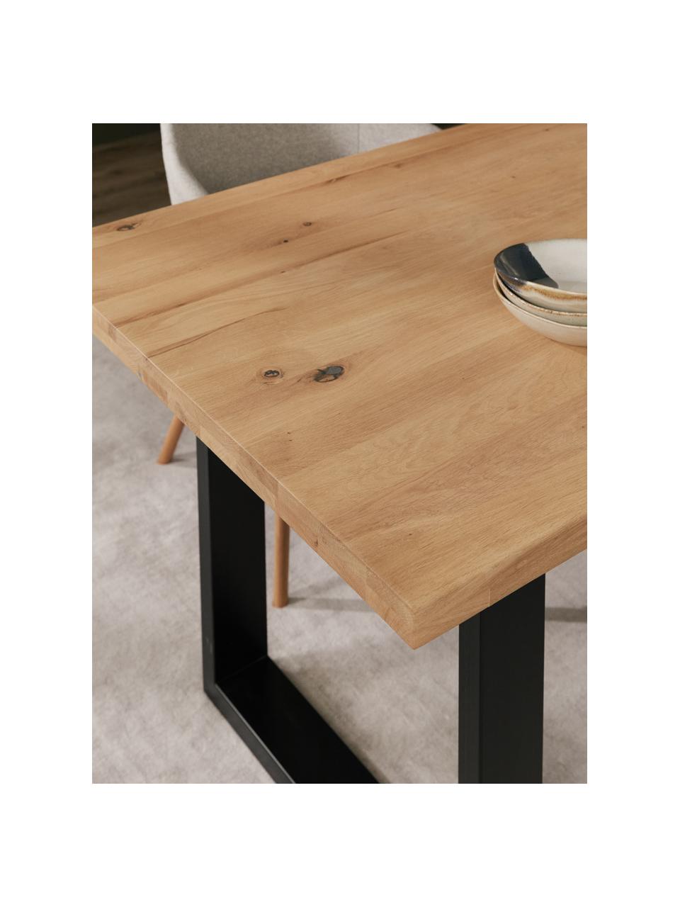 Eettafel Oliver met massief houten blad, Zitvlak: geolied massief wild eike, Poten: gepoedercoat metaal, Wild eiken, zwart, B 180 x D 90 cm