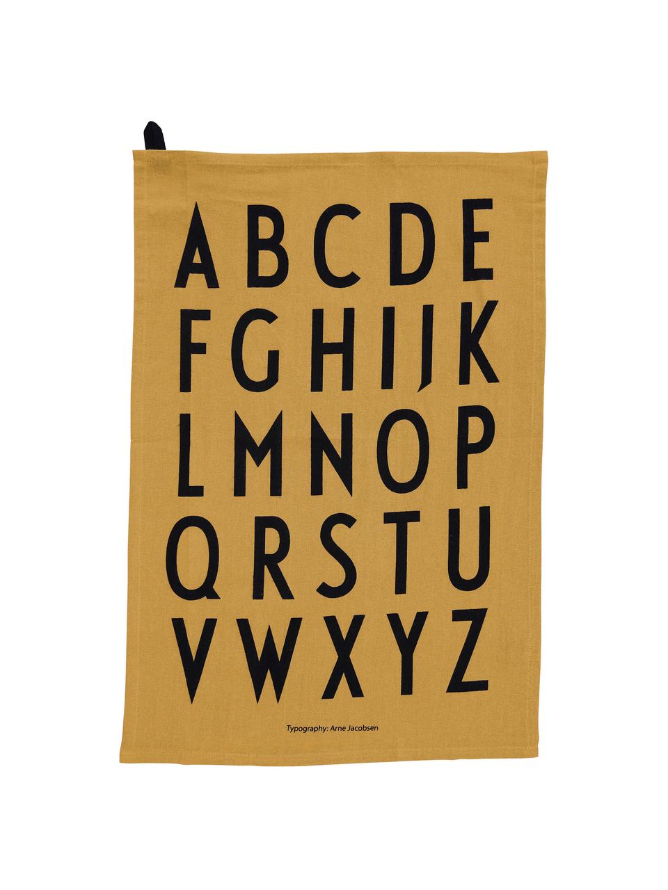 Torchon coton jaune avec lettres design Classic, 2 pièces, Jaune miel, noir