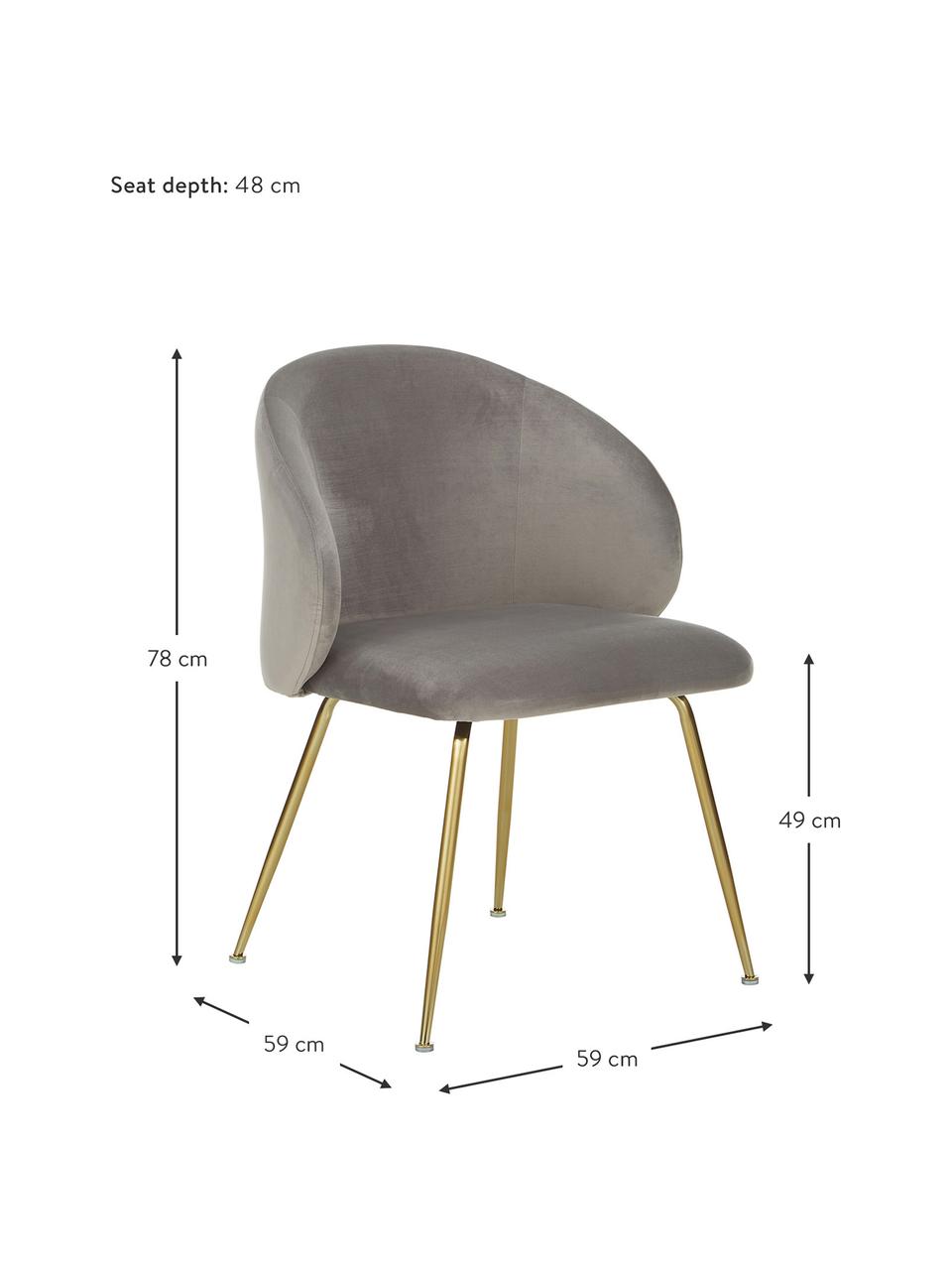 Fluwelen stoelen Luisa in lichtgrijs, 2 stuks, Bekleding: fluweel (100% polyester), Poten: gepoedercoat metaal, Fluweel lichtgrijs, goudkleurig, B 59 x D 58 cm