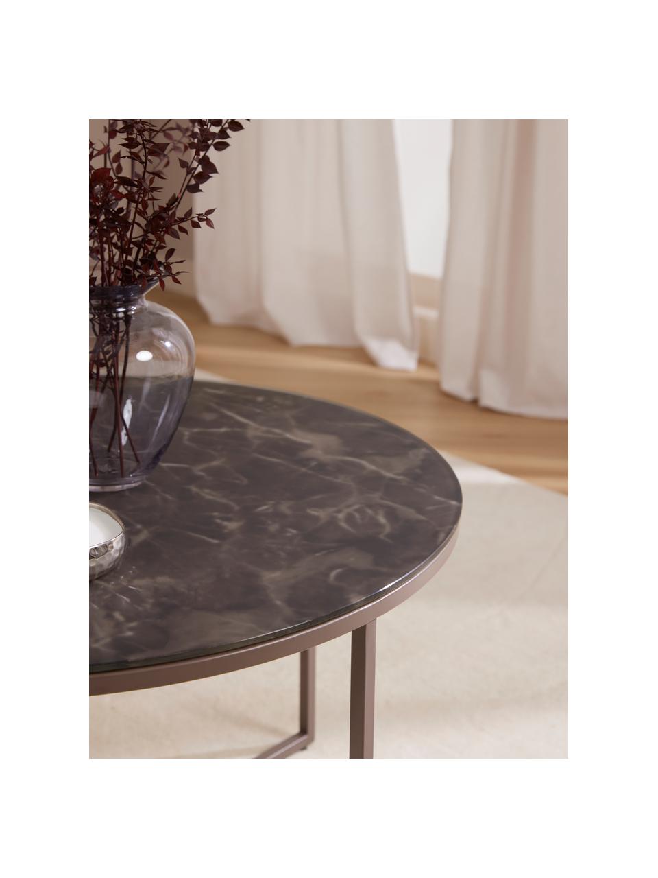 Tavolino rotondo da salotto con piano in vetro effetto marmo Antigua, Struttura: metallo ottonato, Nero marmorizzato, taupe, Ø 80 cm