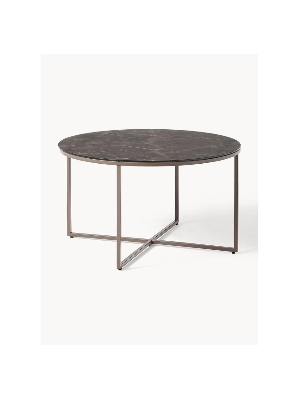 Mesa de centro redonda con tablero de vidrio en look mármol Antigua, Tablero: vidrio estampado en efect, Estructura: metal, latón, Aspecto mármol negro, gris oscuro, Ø 80 cm