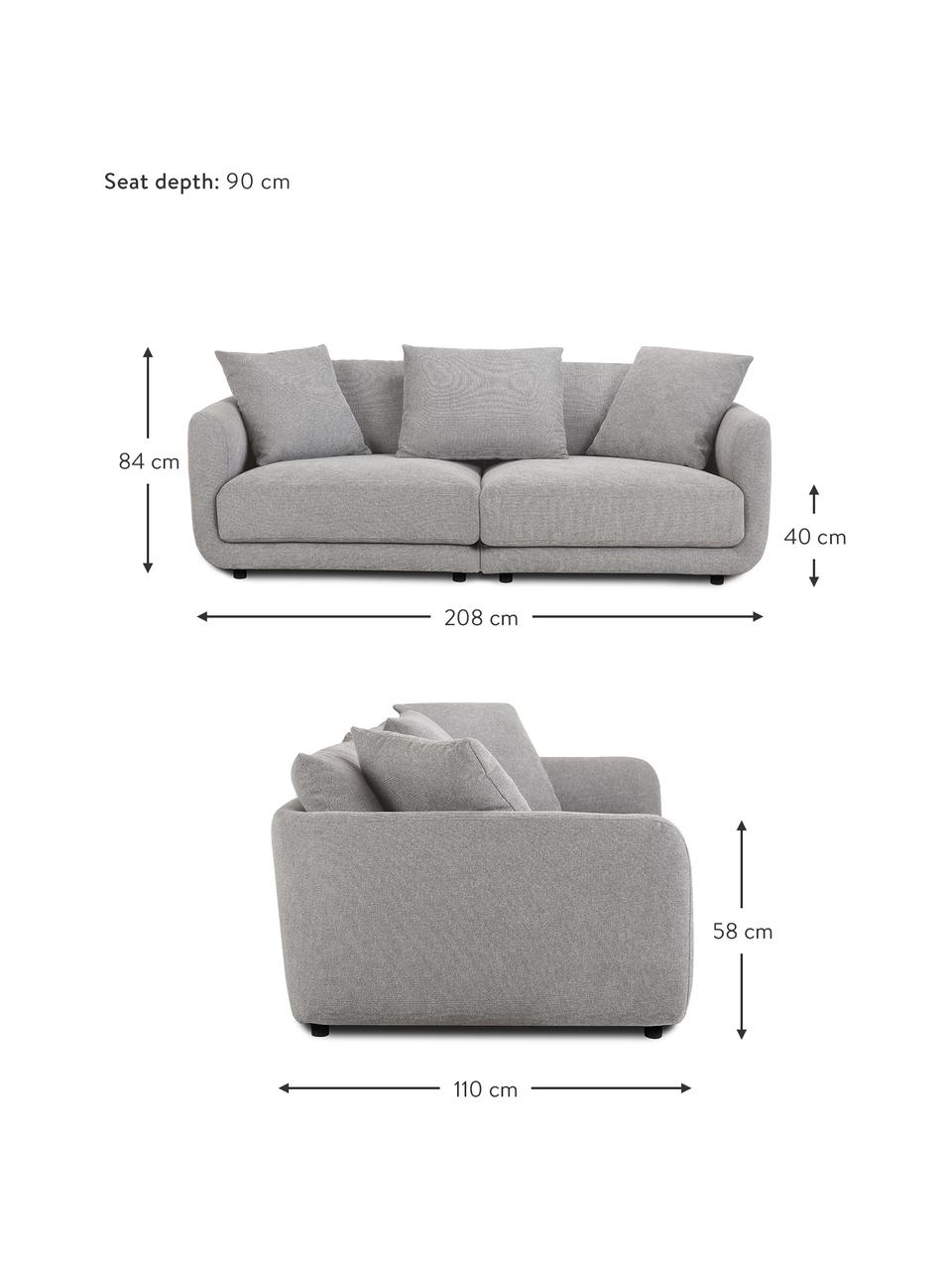 Divano componibile 3 posti in tessuto grigio Jasmin, Rivestimento: 85% poliestere, 15% nylon, Struttura: legno massiccio di abete , Piedini: plastica, Tessuto grigio, Larg. 208 x Alt. 84 cm