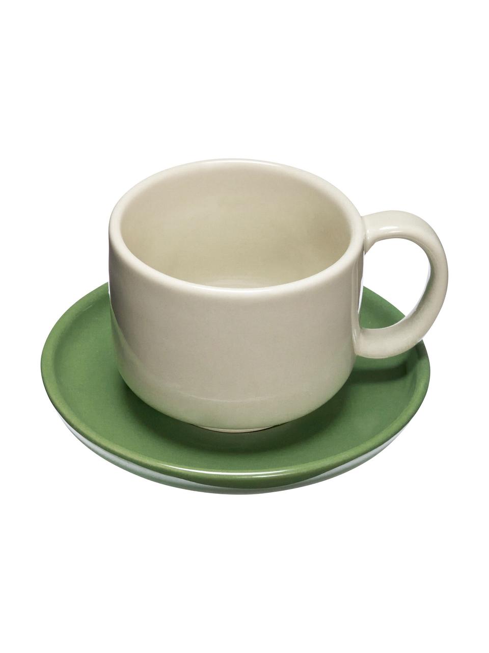 Handgemaakte kopjes Amare met schoteltjes, 2 stuks, Steenpoeder, Lichtbeige, groen, Ø 9 x H 6 cm, 200 ml
