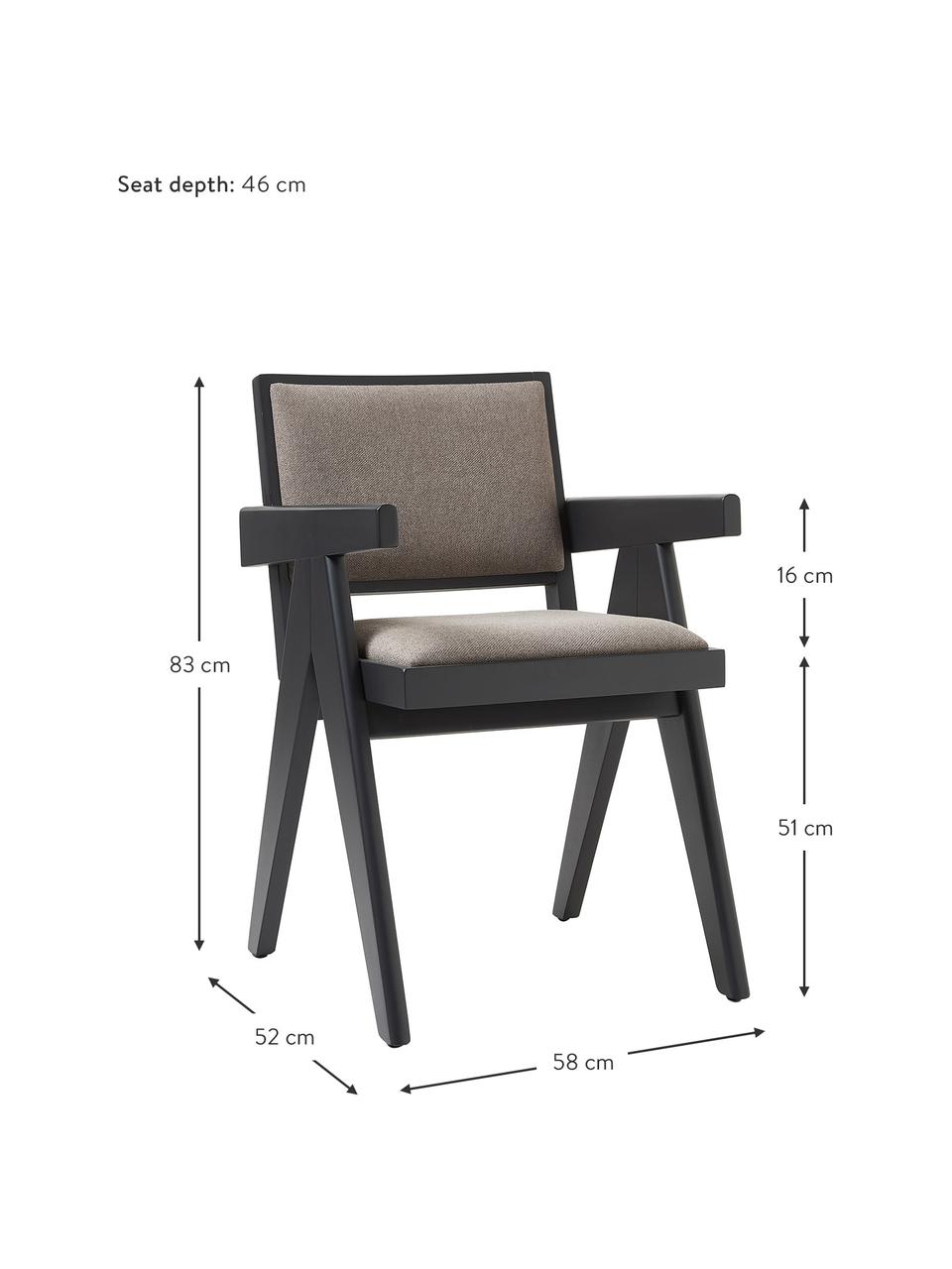 Sedia con braccioli e imbottitura Sissi, Rivestimento: 100% poliestere Con 10.00, Struttura: legno di quercia massicci, Seduta: multistrato di eucalipto, Tessuto taupe, nero, Larg. 58 x Prof. 52 cm