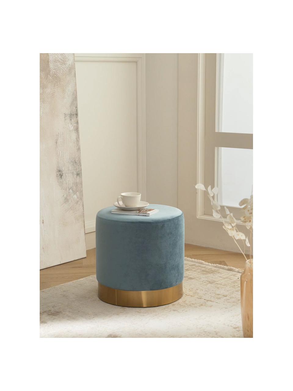 Tabouret en velours Orchid, Velours bleu ciel, couleur dorée, Ø 38 x haut. 38 cm