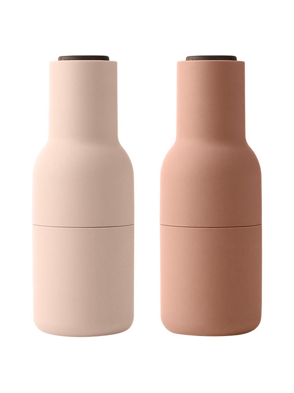 Komplet młynków do soli i pieprzu Bottle Grinder, 2 elem., Korpus: tworzywo sztuczne, Odcienie różowego, drewno orzecha włoskiego, Ø 8 x W 21 cm