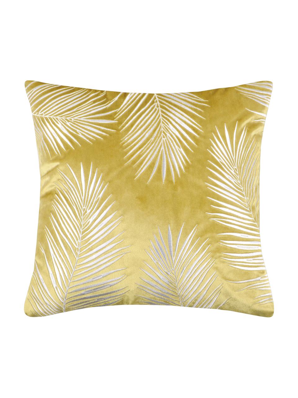 Fluwelen kussenhoes Ibarra met palmblad borduurwerk, Polyester, Geel, wit, 45 x 45 cm
