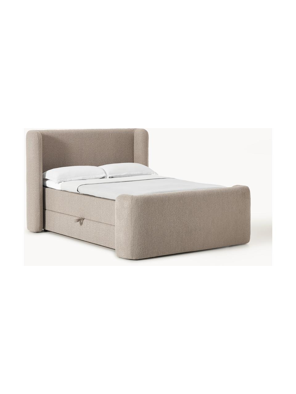 Bouclé-Boxspringbett Perla mit Stauraum, Bezug: Bouclé (71 % Polyacryl, 2, Matratze: 7-Zonen-Taschenfederkernm, Bouclé Taupe, B 140 x L 200, Härtegrad H2