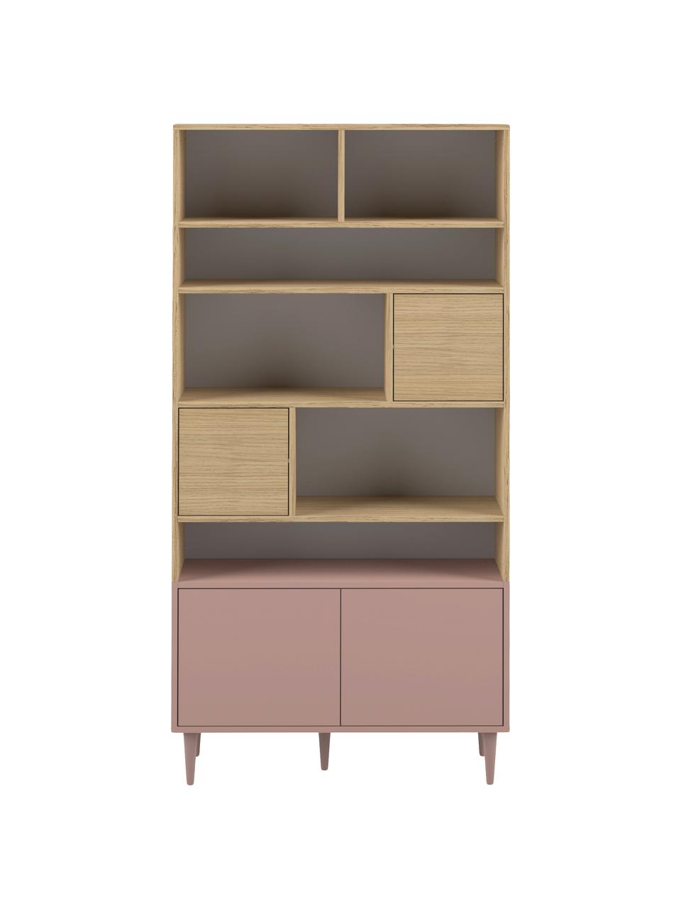 Libreria in design scandi Horizon, Piedini: legno di faggio, massicci, Legno di quercia, rosa cipria, Larg. 90 x Alt. 180 cm