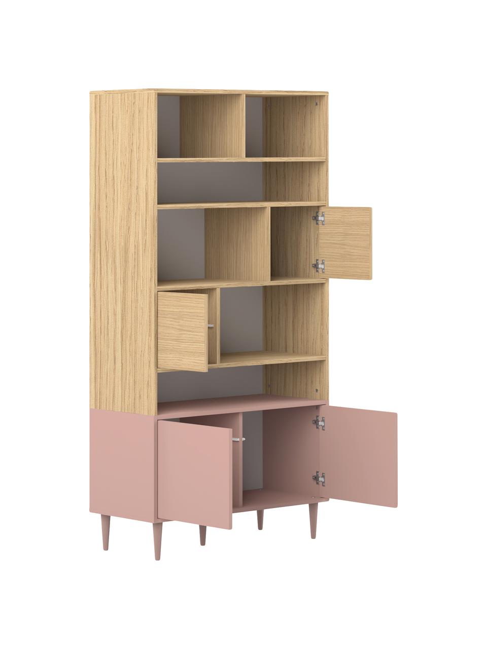 Libreria in design scandi Horizon, Piedini: legno di faggio, massicci, Legno di quercia, rosa cipria, Larg. 90 x Alt. 180 cm