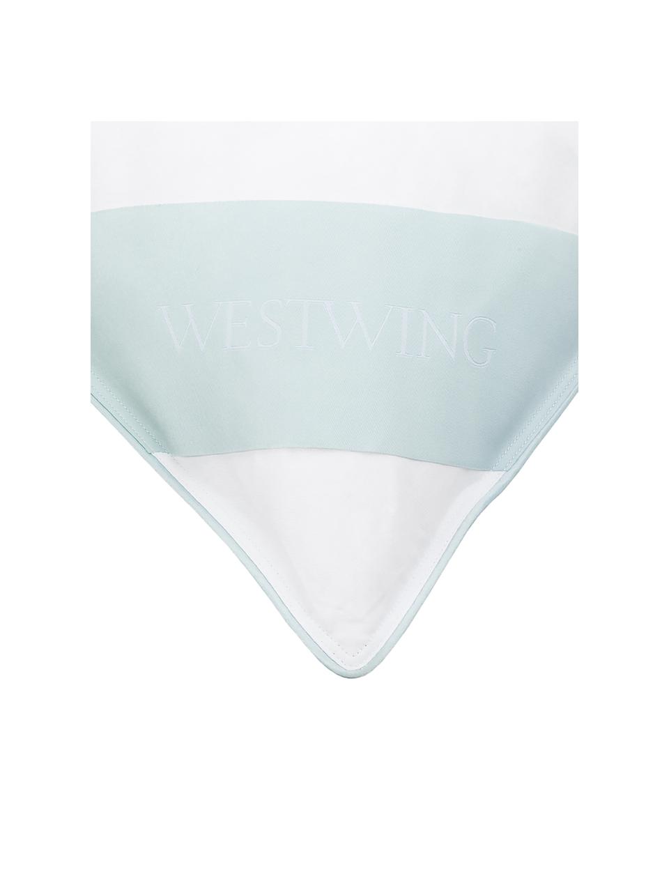 Cuscino medio a 3 strati Premium, Esterno: 90% piuma d'oca, 10% pium, Interno: piume nuove bianche, clas, Bianco con fascia di stoffa in raso turchese, Larg. 80 x Lung. 80 cm