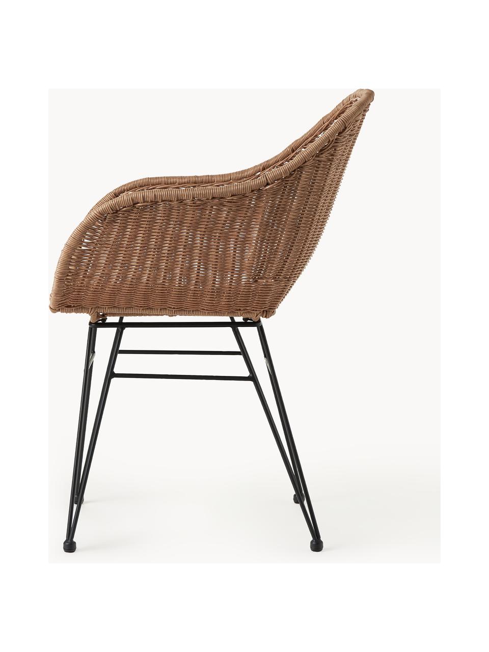 Krzesło z podłokietnikami z polirattanu Costa, 2 szt., Stelaż: metal malowany proszkowo, Jasny brązowy, czarny, S 57 x G 58 cm