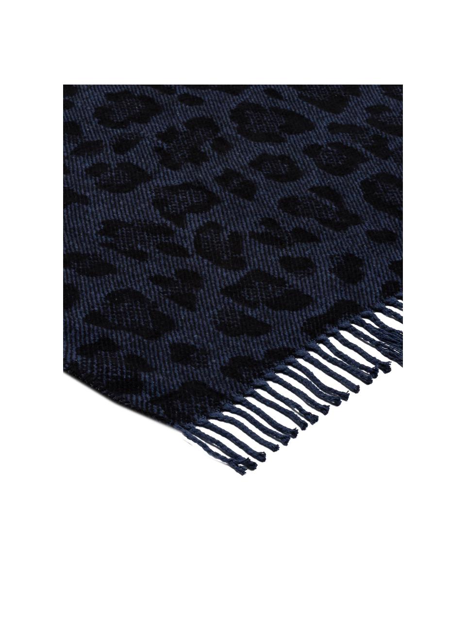 Plaid Bory met luipaarden print, 60% katoen, 40% acryl, Blauw, 150 x 200 cm