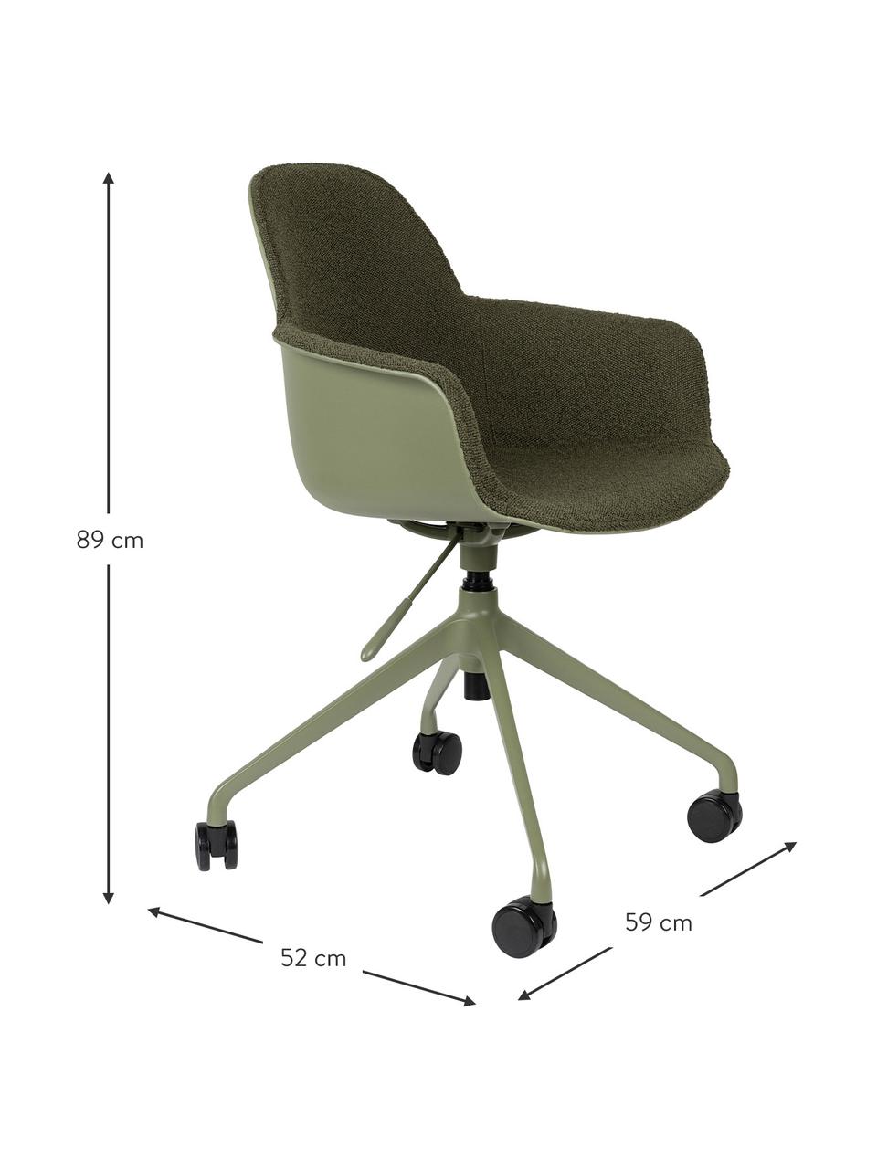 Bouclé bureaustoel Albert, in hoogte verstelbaar, Bekleding: 100% polyester, Frame: aluminium, gepolijst, Zitvlak: 100% polypropyleen, Bouclé groen, B 59 x D 52 cm